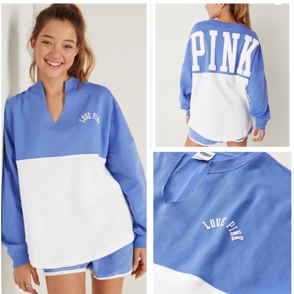 VS PINK Varsity Notch Neck Crew Pullover Sweatshirt Blue Colorblock Size M - Picture 1 of 16